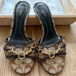 Coach Brown Signature Canvas Slide Sandals with Gold Horsebit Hardware